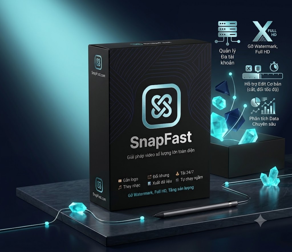 Hộp phần mềm SnapFast — giải pháp video số lượng lớn toàn diện: gắn logo, thay nhạc, đổi khung, xuất dữ liệu, tải 24/7, gỡ watermark Full HD