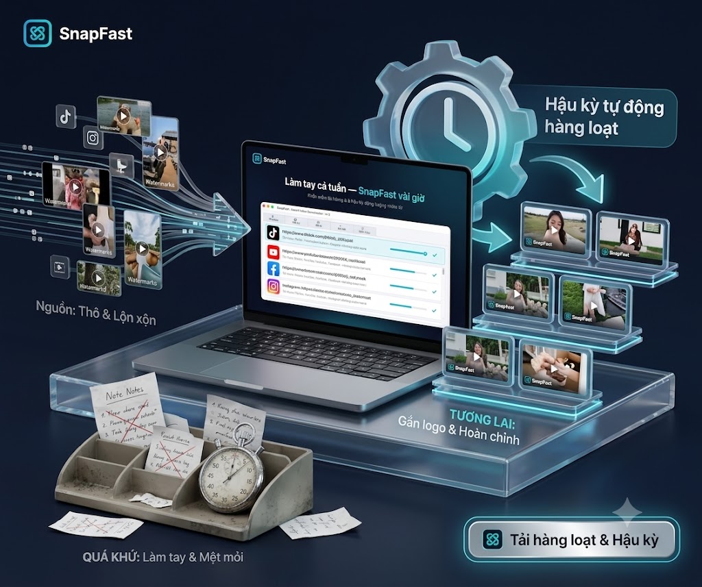 Sơ đồ hoạt động SnapFast: nguồn video thô lộn xộn đi vào, hậu kỳ tự động hàng loạt, đầu ra là video gắn logo hoàn chỉnh