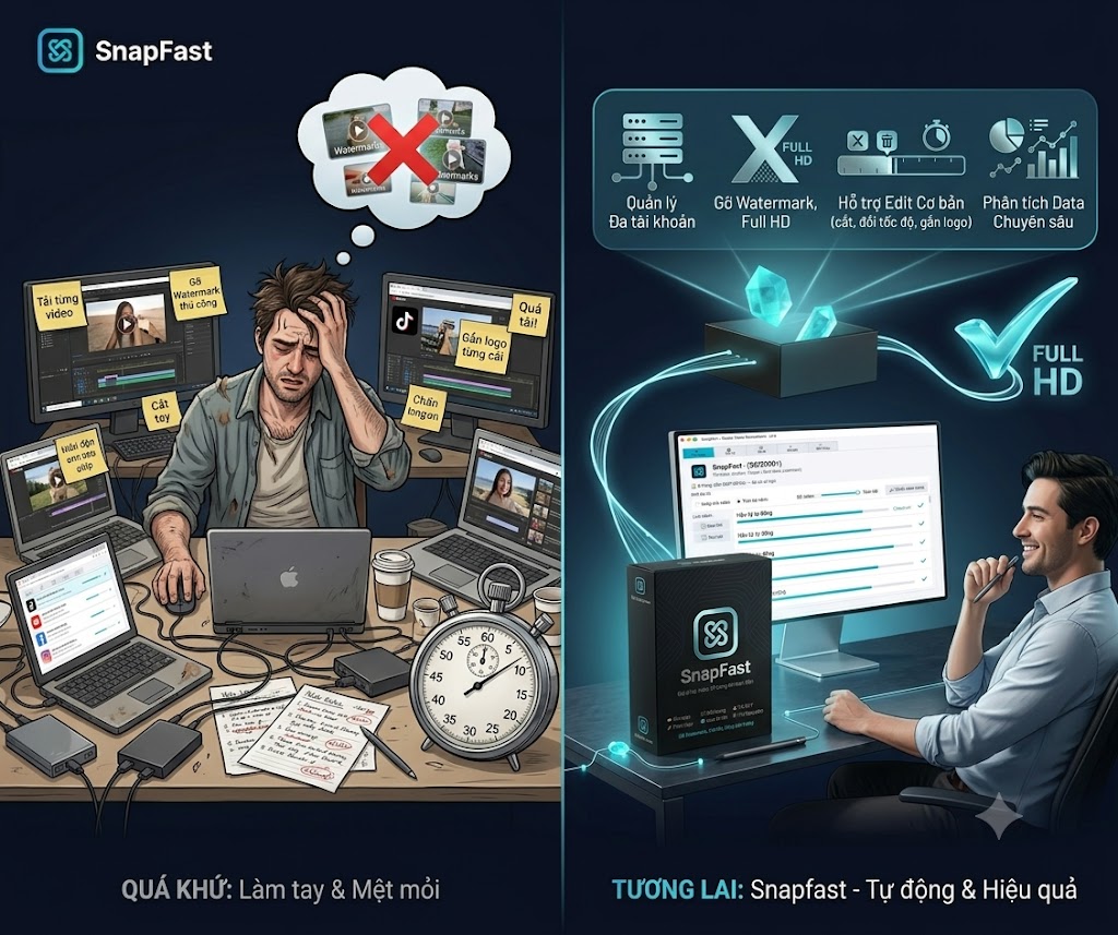 So sánh trước và sau: làm thủ công mệt mỏi với nhiều máy tính so với SnapFast tự động và hiệu quả trên một màn hình